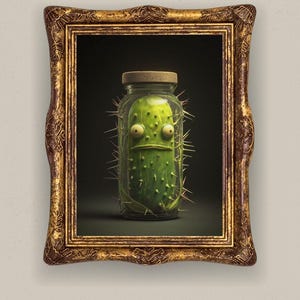 May include: A framed wall art piece featuring a green, spiky, anthropomorphic pickle with large eyes inside a glass jar with a cork lid. The frame is ornate, metallic gold with dark brown accents, showcasing a detailed, textured border design.