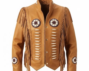 Handgefertigte, hellbraune Wildlederjacke im traditionellen Stil der amerikanischen Ureinwohner mit Fransen | Western-Cowboymantel | Rodeo-Jacke aus Wildleder | Vintage-Ranchkleidung