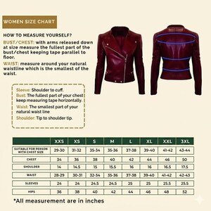 May include: A size chart for a burgundy leather jacket featuring front and back views of the garment. The chart includes instructions on how to measure the bust, waist, shoulder, and sleeve, with a table listing measurements in inches from XXS to 3XL.