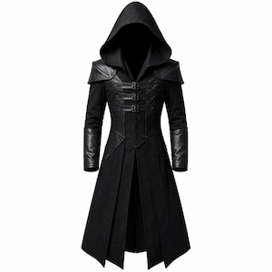 May include: A black hooded long coat featuring structured shoulder panels, long sleeves with contrasting cuffs, and a front closure secured by three horizontal straps with metal buckles. The garment has a flared, pleated skirt design.