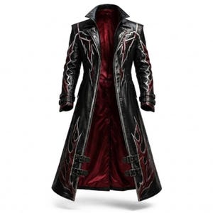 May include: A long black coat featuring a deep red interior lining and a pointed collar. The exterior is decorated with silver and red flame-like patterns, long sleeves with buckled cuffs, and two sets of black buckled straps at the lower front.