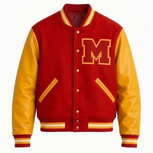 Chaqueta universitaria MJ Thriller, chaqueta de Michael Jackson estilo Letterman, abrigo bomber de lana rojo y amarillo, disfraz del Rey del Pop, estilo retro de los 80, eventos de cosplay y homenaje. imagen 1
