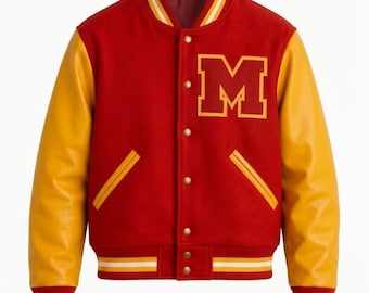 MJ Thriller Varsity Jacke Michael Jackson Letterman Jacke Rot Gelb Wolle Bombermantel King of Pop Kostüm Retro 80er Jahre Cosplay Tribute Events