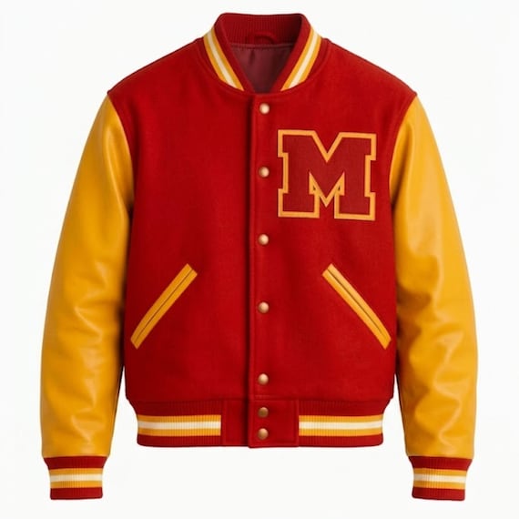 MJ Thriller Varsity Jacket Michael Jackson Letterman Jacket Red Yellow Wool Bomber Coat King of Pop Costume Retro 80s Cosplay Tribute Events
