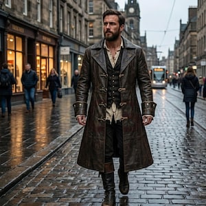 Peut inclure: Un long manteau en cuir marron foncé avec des fermetures à bascule et des poignets ornés de crânes, porté sur une chemise boutonnée claire, un gilet sombre et un pantalon foncé, avec des bottes en cuir sur une rue pavée humide.