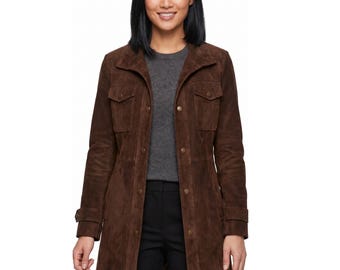 Maßgeschneiderter Trenchcoat aus Wildlederimitat | Vintage-Langjacke für Damen und Herren, dunkelbraun | Mantel | Western-Halloweenkostüm, Herbst/Winter
