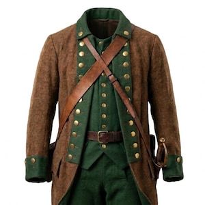 May include: A brown coat with green lapels and cuffs, worn over a green vest and trousers. The ensemble features gold-toned buttons, a brown leather belt with a metal buckle, and a brown leather cross-body strap with a metal buckle and a sword hilt.