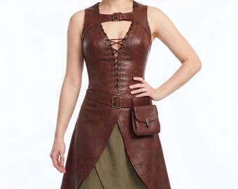 Maßgeschneidertes Fantasy-Ranger-Bogenschützen-Outfit aus Lammleder für Damen, mittelalterliches Korsettwesten-Kostüm, Halloween-Renaissance-Krieger-LARP-Cosplay-Kostüm
