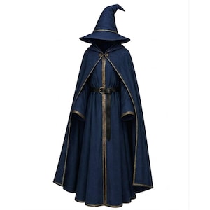 May include: A dark blue hooded cloak featuring a pointed wizard hat, long sleeves, and a black belt at the waist. The garment is accented with gold-toned trim along the edges of the hood, the front opening, the sleeves, and the base of the hat.