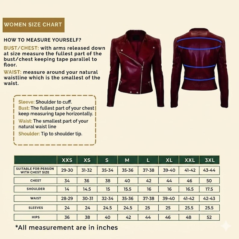 Puede incluir: Una tabla de tallas para una chaqueta color burdeos que muestra vistas frontal y trasera de la prenda. La tabla incluye instrucciones sobre c&oacute;mo medir el busto, la cintura, el hombro y la manga, junto con una tabla de medidas en pulgadas de XXS a 3XL.