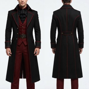 May include: A long black coat with red piping, featuring a high collar, lapels, and button closures. Underneath is a dark red vest with a black belt and a black ruffled cravat. The back of the coat shows vertical seams and a horizontal waist tab.