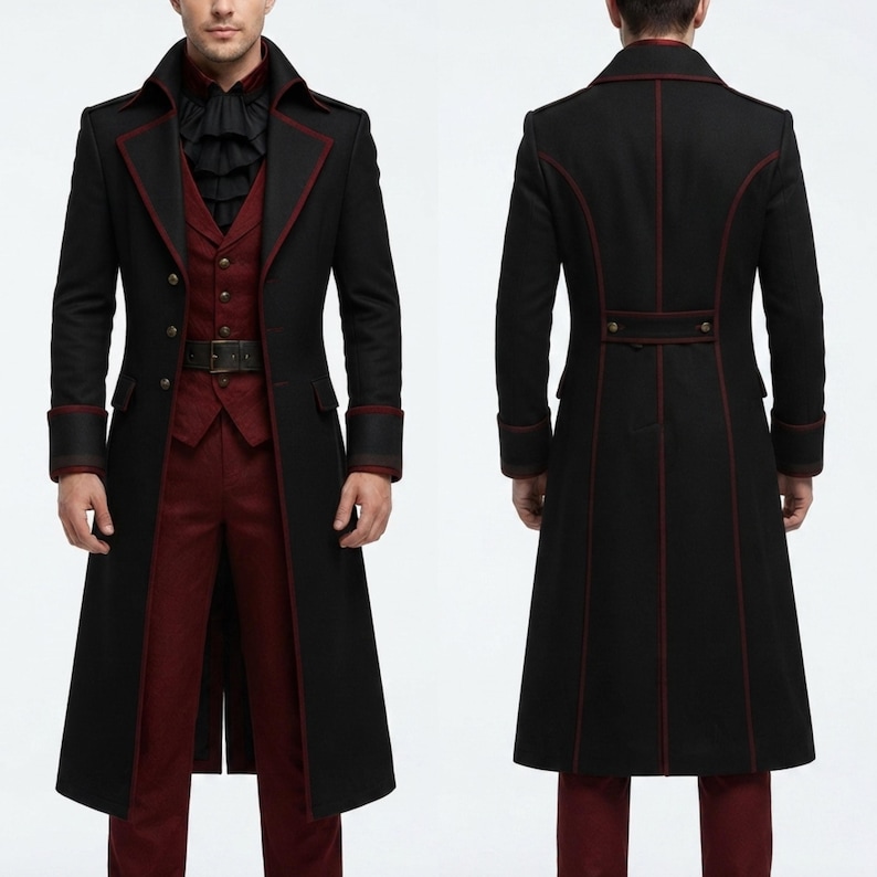 May include: A long black coat with red piping, featuring a high collar, lapels, and button closures. Underneath is a dark red vest with a black belt and a black ruffled cravat. The back of the coat shows vertical seams and a horizontal waist tab.