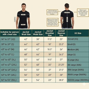May include: A sizing chart for a jacket featuring two diagrams of a person wearing a black t-shirt with arrows indicating chest, waist, shoulder, and sleeve measurements. A table lists US sizes from XS to 5XL with corresponding inch measurements.