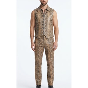 Custom Snakeskin Texture Lambskin Leather Vest & Pants | Phyton Pattern Sleeveless Waistcoat with Trousers | Halloween Gothic Biker Outfit