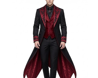 Maßgeschneiderter gotischer Smoking in Schwarz und Rot im viktorianischen Vampir-Stil | Dracula-Hochzeitsfrack | Steampunk-bestickter langer Mantel | Halloween-Cosplay-Kostüm