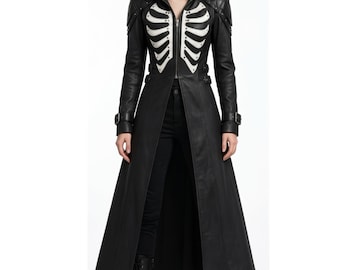Maßgeschneiderter Kapuzenmantel aus Lammleder im Geister-Skelett-Stil | Lange, gotische Vampirjacke im viktorianischen Stil | Halloween-Cosplay-Kostüm
