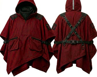 Cyberpunk Kapuzen Poncho Canvas Taktischer dienstbarer Umhang, futuristisches Kostüm für Herren Damen - Post Apocalyptic Techwear Streetwear Cape Hoodie