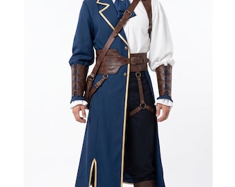 Maßgeschneidertes Himmelshändler-Kostüm | Gotischer historischer blauer Fantasy-Adelsmantel mit Ledergürteln | Mittelalterliches Halloween-LARP-Cosplay