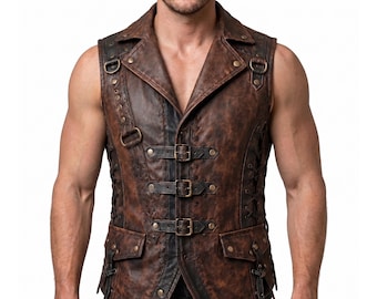 Pirate Vest for Men, Brown Leather Waistcoat, Medieval Renaissance, Gothic Steampunk Biker, LARP Women Lace Up Ren Faire Costume Motorcycle