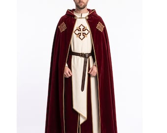 Maßgeschneidertes Set aus Kapuzenumhang und Tunika eines Kreuzritters | Mittelalterliches Gothic LARP Cosplay Vintage Kostümumhang | Halloween Fantasy Königlicher Wappenrock
