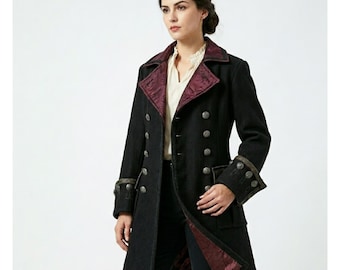 Viktorianische Jacken Mäntel - Renaissance Fair Spatz LARP Jacken | Kapitän Pirate Wolle Gehrock Cosplay Kostüm Graben Gothic Steampunk Langer Mantel