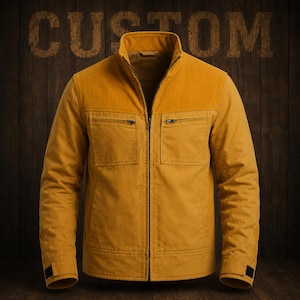 May include: A mustard yellow jacket featuring a ribbed texture on the upper chest and shoulders, a full-length front zipper, two zippered chest pockets, and adjustable cuffs. The word CUSTOM is printed in large, distressed block letters above the jacket.