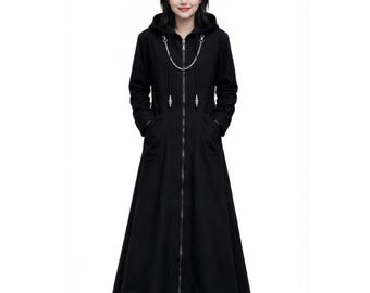 Custom Black Lambskin Leather Long Zip Coat | Gothic Hearts Trench Coats | Kingdom of Halloween Cosplay | Hooded Jacket