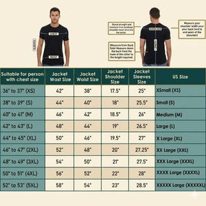 Puede incluir: Una tabla de tallas para chaqueta con dos diagramas de una persona en camiseta negra, mostrando l&iacute;neas de medici&oacute;n para pecho, cintura, hombros y mangas. Una tabla enumera tallas de EE. UU. de XS a 5XL con medidas en pulgadas.