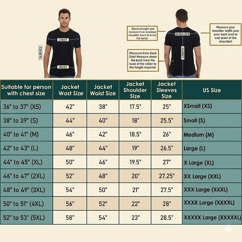 Puede incluir: Una tabla de tallas para chaqueta con dos diagramas de una persona en camiseta negra, mostrando l&iacute;neas de medici&oacute;n para pecho, cintura, hombros y mangas. Una tabla enumera tallas de EE. UU. de XS a 5XL con medidas en pulgadas.