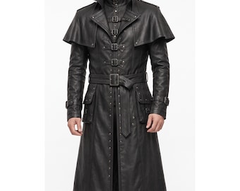 Maßgeschneiderter schwarzer Pestdoktor-Trenchcoat aus Lammleder | Gothic-Vampir-Cosplay-Kostüm im viktorianischen Stil | Langer Steampunk-Mantel im Inverness-Stil für Halloween
