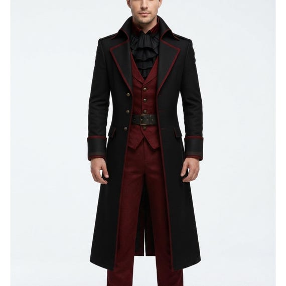 Gothic Victorian Vampire Coat Black Red Tailcoat – Lord Jacket – Steampunk Formal Halloween Long Coat – Renaissance Festival Costume