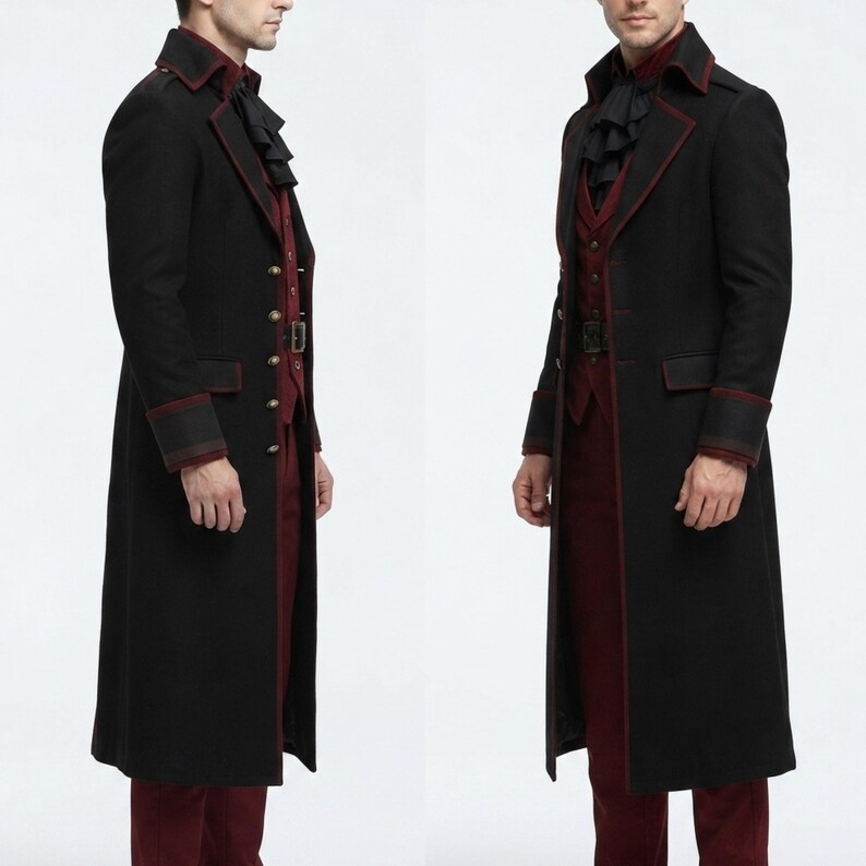 May include: A long black coat with red piping, featuring a high collar, structured shoulders, and gold-toned buttons. Underneath is a dark red vest and a black ruffled cravat. The coat has long sleeves with wide cuffs and a knee-length hemline.