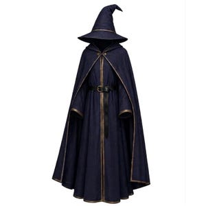 May include: A dark blue hooded cloak with a matching pointed wizard hat. The cloak features a long, flowing design with gold-toned trim along the edges, a hood, and a black belt with a metal buckle cinched at the waist for a structured fit.