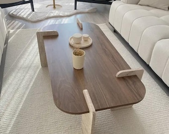 Modern Travertine Oval Coffee Table, Walnut MDF Minimalist Center Table