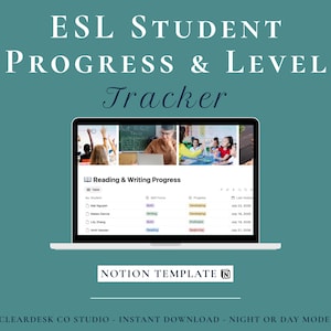 May include: A digital ESL Student Progress & Level Tracker Notion template displayed on a laptop screen. The interface features a Reading & Writing Progress table with student names, skill focus, progress status, and dates on a teal background.