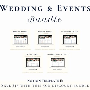 Op de afbeelding: Een digitale Notion-template Wedding & Events Bundle met vijf verschillende planningstools: Wedding Vendor Tracker, Wedding Budget Planner, Guest List & RSVP Manager, Wedding Day Timeline & Schedule en Seating Chart & Table Planner.