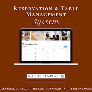 May include: A digital reservation and table management system Notion template displayed on a laptop screen. The interface features a reservation log table with columns for reservation type, status, date, guest name, party size, and time.