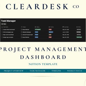 Könnte beinhalten: Eine digitale Projektmanagement-Dashboard-Vorlage mit dem Text "CLEARDESK co" oben. Das Dashboard zeigt einen Task-Manager mit Projektdetails, Status, Priorität, Fälligkeitsdaten und Aufwand an. Der Text "PROJECT MANAGEMENT DASHBOARD NOTION TEMPLATE" ist ebenfalls sichtbar.