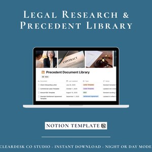 May include: A laptop screen displaying a digital legal research and precedent library template. The interface shows a table titled Precedent Document Library with columns for document names, dates, types, and notes, set against a blue background.