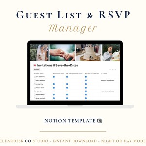Op de afbeelding: Een laptopscherm met een digitaal sjabloon voor een gastenlijst en RSVP-beheer. De interface bevat een tabel met de titel Invitations & Save-the-Dates met kolommen voor gastnamen en selectievakjes voor het bijhouden van de status.