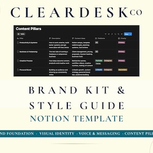 May include: A digital Notion template titled "Brand Kit & Style Guide" with the text "Content Pillars" and a table detailing productivity, business, creative process, and personal brand. The template includes a list of content ideas and platforms.