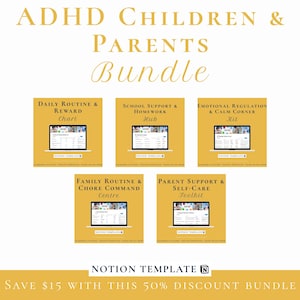 ADHD Kids Bundle | 5 Notion Templates | Routine Chart Homework Hub Emotional Regulation Family Chores Parent Care