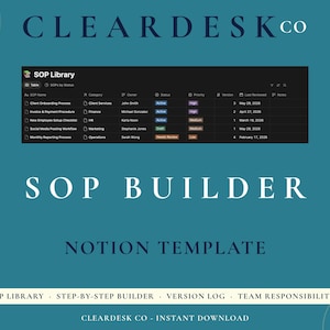 May include: A teal graphic with the text "CLEARDESK co" at the top. The image features a dark-themed SOP Library table, followed by "SOP BUILDER" and "NOTION TEMPLATE". Below, it reads "SOP LIBRARY - STEP-BY-STEP BUILDER - VERSION LOG - TEAM RESPONSIBILITIES".