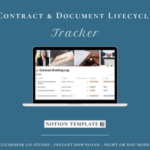 May include: A digital contract and document lifecycle tracker template displayed on a laptop screen. The interface features a table titled Contract Drafting Log with columns for contract name, client, draft version, status, and type, set on a blue background.