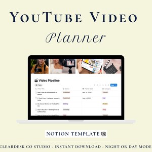 Pianificatore di video per YouTube — Modello Notion / Generatore di script, Tracker SEO, Registro di analisi, Archivio di idee / Download immediato