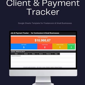 Könnte beinhalten: Ein Computermonitor zeigt eine Tabellenvorlage "Client & Payment Tracker". Der Bildschirm zeigt Finanzdaten, einschließlich der ausstehenden Gesamtzahlungen und der Anzahl offener Angebote, unbezahlter Rechnungen und überfälliger Posten. Auf dem Bildschirm steht "Sofortiger Download • Funktioniert offline."