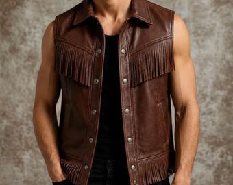 Chaleco de cuero marrón con flecos para hombre, chaleco de cuero estilo western, chaleco vaquero con flecos, chaleco de cuero vintage para hombre, chaleco de cuero hecho a mano