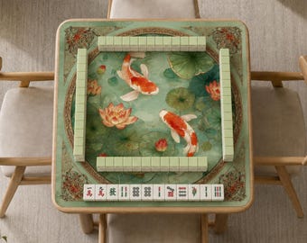 Koi Lotus Mahjong Mat, Vintage Oriental Pond Game Mat, Sage Green Non Slip Mahjong Table Mat, Elegant Floral Board Game Mat