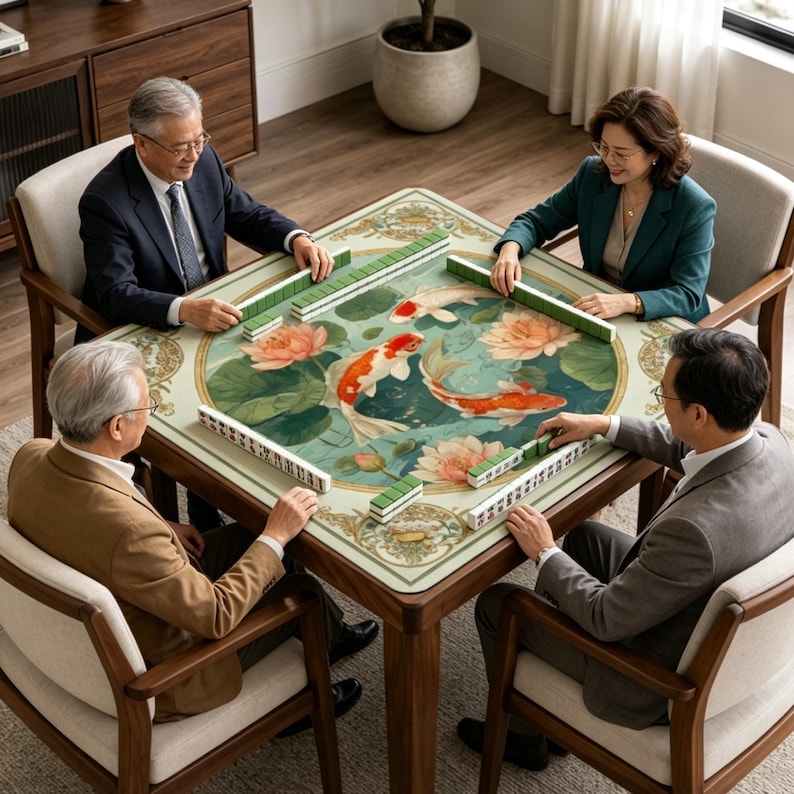 Puede incluir: Una mesa de mahjong cuadrada de madera con una ilustraci&oacute;n circular central de peces koi naranjas y blancos nadando entre flores de loto rosas y hojas de nen&uacute;far verdes, rodeada de filas de fichas de mahjong verdes y blancas sobre la mesa.