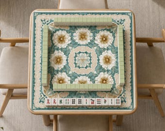 Teal Floral Mahjong Mat, Vintage Lace Game Mat, White Peony Table Mat, Non Slip Mahjong Mat for Card & Board Games